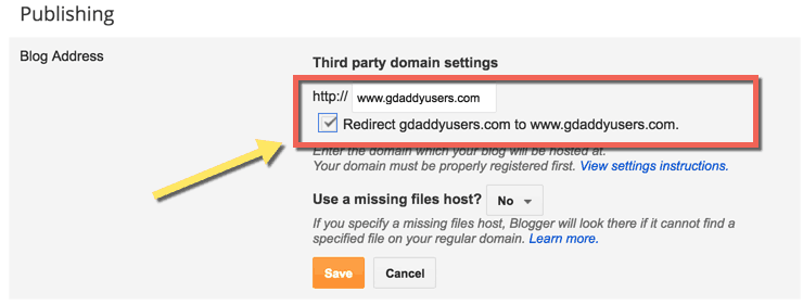 redirect domain to www in BlogSpot