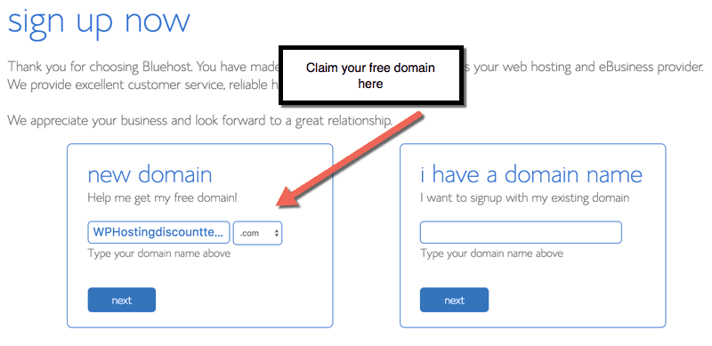 Free domain from Bluehost